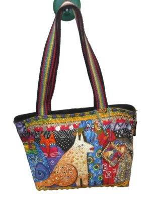 Laurel Burch Canvas Tote Shoulder Bag Purse Cats/Dogs Graphics Silver Tabs Fob - Image 1 of 4