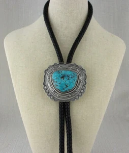 Natural Kingman Web Turquoise Bolo Tie By Navajo Artist Hank Vandever - Picture 1 of 6