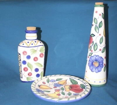Jay Imports Oil And Vinegar Jars Tuscany Pattern Plate White With Primary Colors - Image 1 of 4