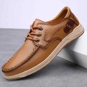 Genuine Leather Outdoor Shoes Men's Breathable Casual Handmade Loafers Sneaker - Picture 1 of 25