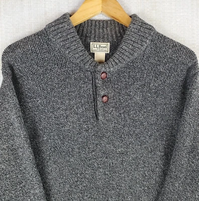 L.L. BEAN Size Large Mens 100% Lambswool 1/4 Button Sweater Thick Gray Henley - Image 1 of 4
