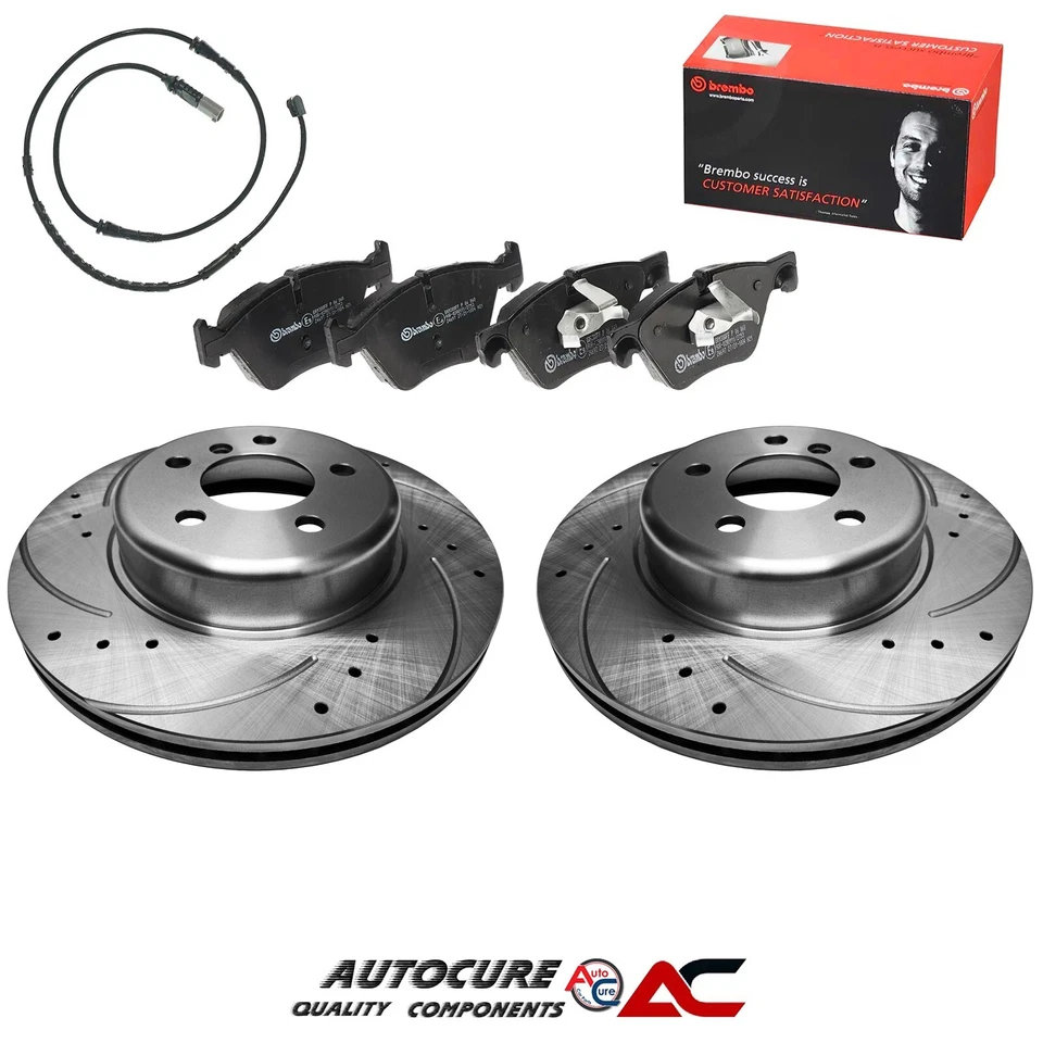 FOR BMW 5 SERIES 518D 520D F10 2010-15 DRILLED FRONT DISCS BREMBO PADS & SENSOR - Image 1 of 1