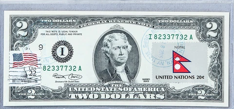 Federal Reserve Bank Note Two Dollar Bill $2 2003 Currency Collection Flag Nepal Cover