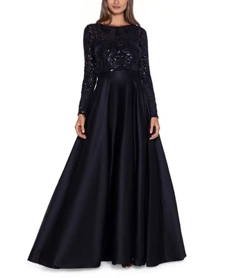 Betsy & Adam Petite Sequin-Bodice Long-Sleeve Ball Gown - Black-4P - Image 1 of 3
