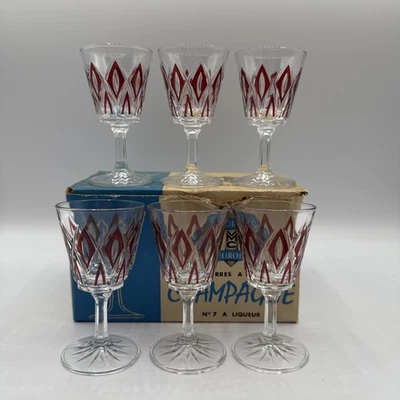 VMC Reims France Harlequin Set Of 6 Diamond Liqueur Glasses New Old Stock NIB - Image 1 of 4