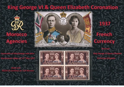 KGVI 1937 NICE DISPLAY OF CORONATION MOROCCO AGENCIES FRENCH CURR BLOCK OF 4 MNH - Image 1 of 2