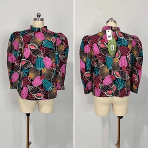 NWT Farm Rio Mock Neck Shell Print Blouse Sz M Boho Coastal Beachy Tribal Batik - Picture 1 of 13