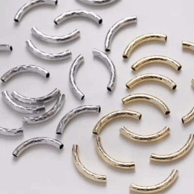 10pcs Curved Noodle Tube Spacer Beads, 14k Gold plated Brass Smooth Tube Beads - Image 1 of 3