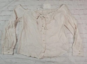 Free People Off-Shoulder Top Sz Large Hello There Beautiful Pale Pink Stripe Tie - Picture 1 of 16