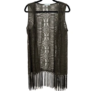 Crochet Vest Fringe XL Sleeveless Kimono Green Floral Open Knit Boho Hippie Midi - Picture 1 of 10