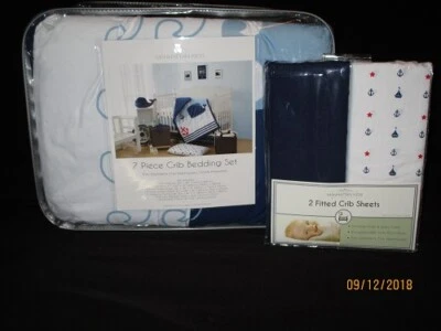 Juego de ropa de cama para cuna Manhattan Kids Whale Anchor 9 piezas incluye sábanas adicionales *Nuevo* Foto 1 de 4