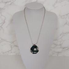 LAURA ASHLEY Octagen Shaped Green Inlay Pendant Silver Tone Chain Costume