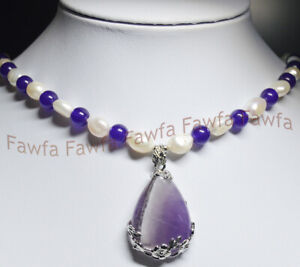 Natural Amethyst 25x35mm Teardrop Pendant Genuine Natural White Pearl Necklaces