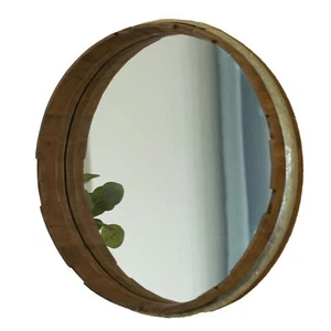 New Round Rustic Wood and Galvanized Metal Framed Wine Barrel Shaped Wall Mirror - Picture 1 of 7