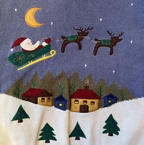 Bobbie Brooks Not Ugly Christmas Sweater, Sz L Blue & White Santa Reindeer Snow - Picture 1 of 5