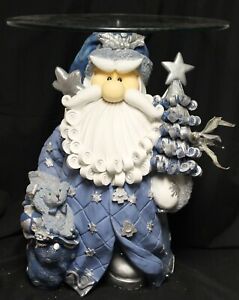 Whimsical Blue Santa Accent Glass Top Table Silver/White Christmas Tree Bird 2ft