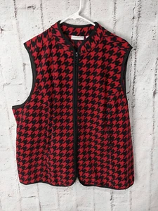Susan Graver Fleece Red & Black Houndstooth Full zip Vest Plus size 2X - Picture 1 of 7