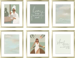 ArtbyHannah 8x10 Gold Framed Wall Art Set of 6 with Sage Green Minimalist Line - Picture 1 of 9