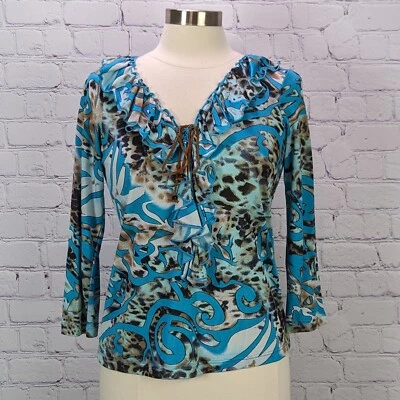 Top Lynn Ritchie Talla S Mezcla de Algodón Seda Cuello en V Volantes y Corbata Turquesa y Marrón Foto 1 de 4