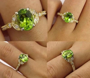 2Ct Oval Green Peridot Lab-Created Moissanite Stylish Ring 9k Yellow Gold Plated - Picture 1 of 9