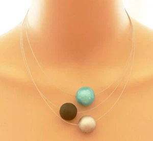 3 reihiges Collier Halskette Perlen schwarz silber Miracle Türkis pastell 154 - Bild 1 von 8