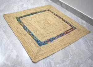 Jute + Multicoloure Rug Square Handmade Floor Carpet Braided Style Area Rug - Picture 1 of 7
