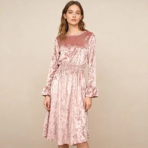 Fantástico Vestido de Terciopelo Aplastado Fawn Manga Larga Volantes Puños Talla Pequeña Rosa - Imagen 1 de 9