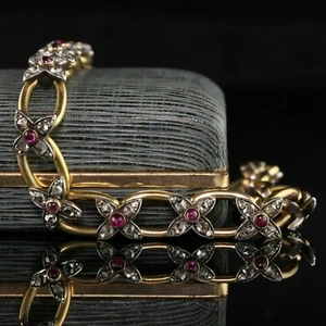 Antique 14K Yellow Gold Over 2.50Ct Round Lab-Created Diamond & Ruby Bracelet - Picture 1 of 2