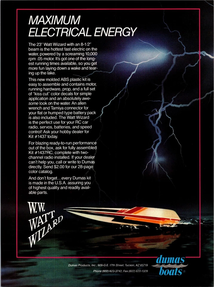 Dumas WW Watt Wizard RC Boat Print Ad Ephemera Wall Art Decor - Image 1 of 1