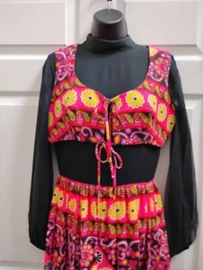 60's Vintage Women's Small Long Colorful Hippie Dress & Vest Black Orange Prink - Picture 1 of 22