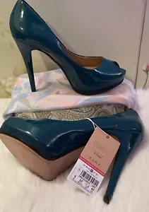 ZARA- Basic Collection. SIZE 38. “TEAL” PEEP TOE, PATENT LEATHER PUMPS. - Picture 1 of 4