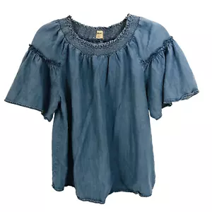 Top Gap para mujer talla S azul cambray cuello calado mangas cortas campana núcleo de cabaña - Imagen 1 de 7