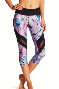 PINK LOTUS Toning Printed Fitness Running Black Blu Capri Crop Pants Womens S XL - Picture 1 of 6