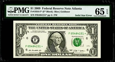 $1 2009 Federal Reserve * Star Note Atlanta "Solid Star Error" PMG 65 EPQ Gem UN - Image 1 of 3