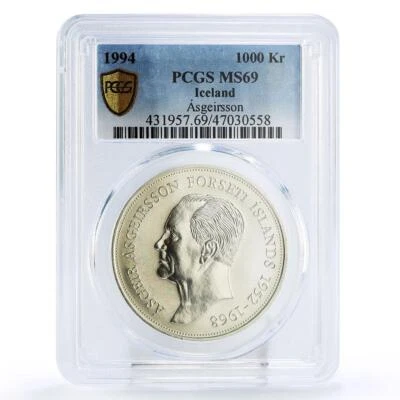 Iceland 1000 kronur 2nd President Asgeir Asgeirsson MS69 PCGS silver coin 1994 - Image 1 of 2