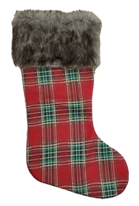 "Medias de Navidad con adornos de piel sintética tela a cuadros roja 20"" decoración de manto" - Imagen 1 de 11