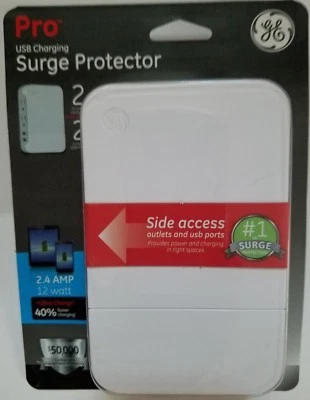GE Pro 2 Outlet + 2 USB Side Access Surge Protector, 2.4 Amp, White, Model 37090 - Image 1 of 3