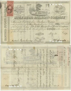 1870 LITTLE MIAMI RAILROAD CO ILLUSTRATION. TEILZERTIFIKAT CINCINNATTI mit UMSATZSTEMPEL - Bild 1 von 3
