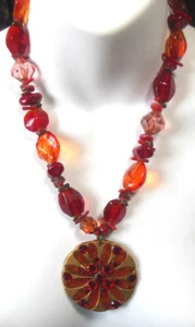 Vintage Signed CHICO'S Amber/Red Glass Bead Pendant Necklace 21.5" - Picture 1 of 4