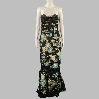 MARCHESA Größe 4 Schwarz Salbei Gold Abstrakt Blumen Jacquard Trägerlos Kleid - Bild 1 von 4