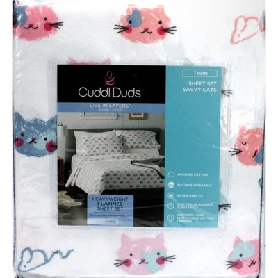 Juego de sábanas dobles Cuddl Duds gatos inteligentes algodón cepillado franela pesada cálida Foto 1 de 3