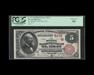 1882 $5 NATIONAL BROWN BACK NATIONAL ST. LOUIS PCGS CHOICE NEW 63 - Image 1 of 4