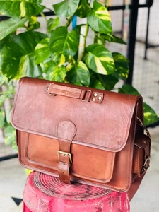 Bolso de hombro marrón genuino hecho a mano de cuero para computadora portátil - Imagen 1 de 15