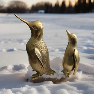 Pair Of Vintage Solid Brass Penguin Figurines Decorative Collectible 8" & 6.25" - Picture 1 of 5