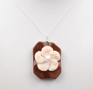 Sterling Silver 925 Redwood Marble MOP Flower Pendant Baroque Pearl 18" 1.1g - Picture 1 of 15