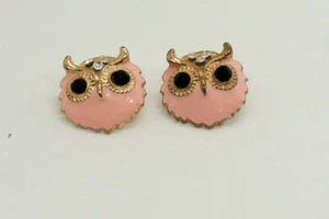 Vintage rosa Eule Ohrstecker schwarz Strass Augen detailliert süße Eulenohrringe - Bild 1 von 10
