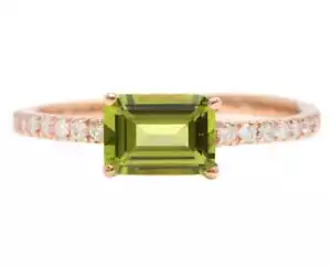 Natural Emerald Cut Peridot and Diamonds Gemstone Wedding Ring in 10K Rose Gold - Picture 1 of 6