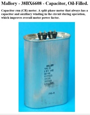 Mallory - 38BX6608 - Condensador, relleno de aceite. 8uF 660VAC, tipo CR. Foto 1 de 2