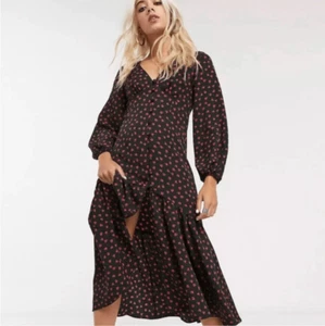 NWT TOPSHOP Ditzy Rose Button Front Midi Prairie Dress Women’s 8 Black Red - Picture 1 of 13