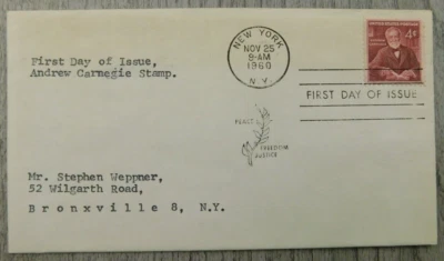 First Day Of Issue Andrew Carnegie New York 1960 Vintage Stamps Envelope Cover - Image 1 of 4